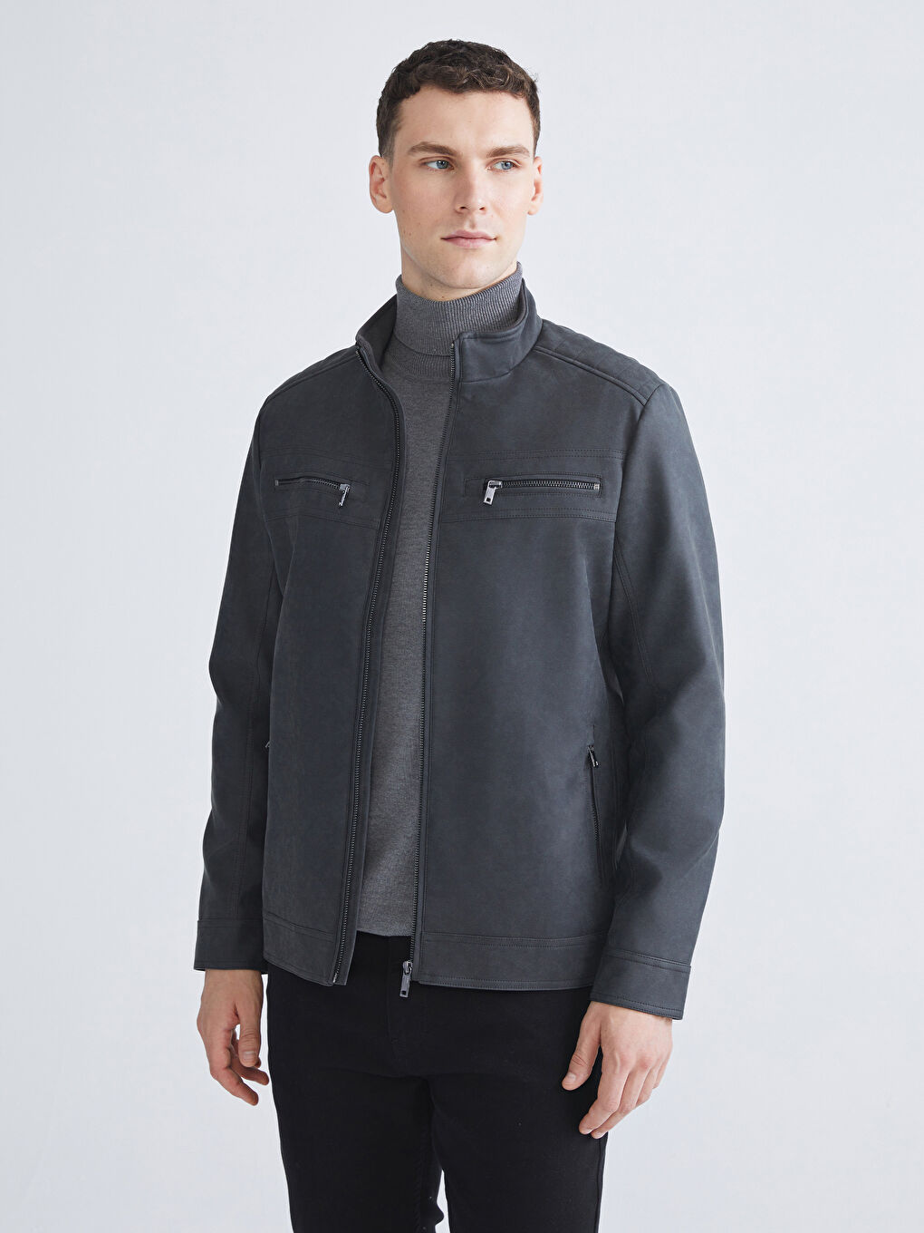 LCWAIKIKI Classic Standard Fit Turtle Neck Long Sleeve Faux Leather Men's Coat -W53136Z8-CUZ