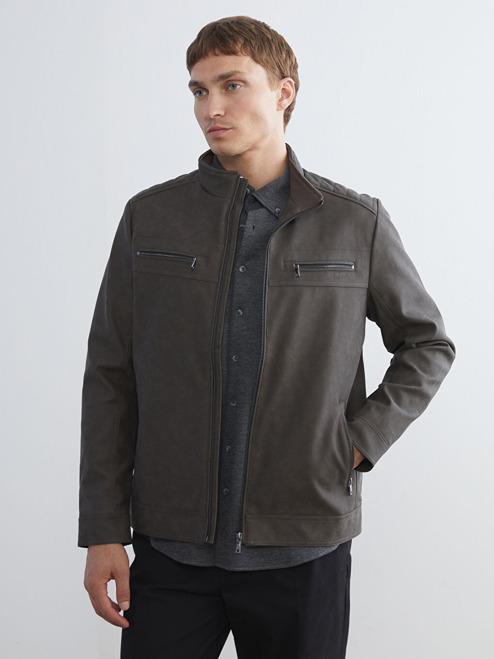 LCWAIKIKI Classic Standard Fit Turtle Neck Long Sleeve Faux Leather Men's Coat -W53136Z8-DFV