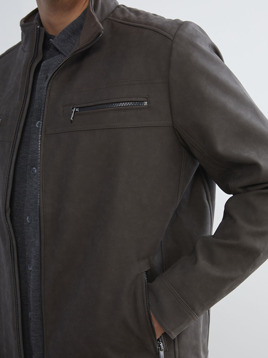 LCWAIKIKI Classic Standard Fit Turtle Neck Long Sleeve Faux Leather Men's Coat -W53136Z8-DFV