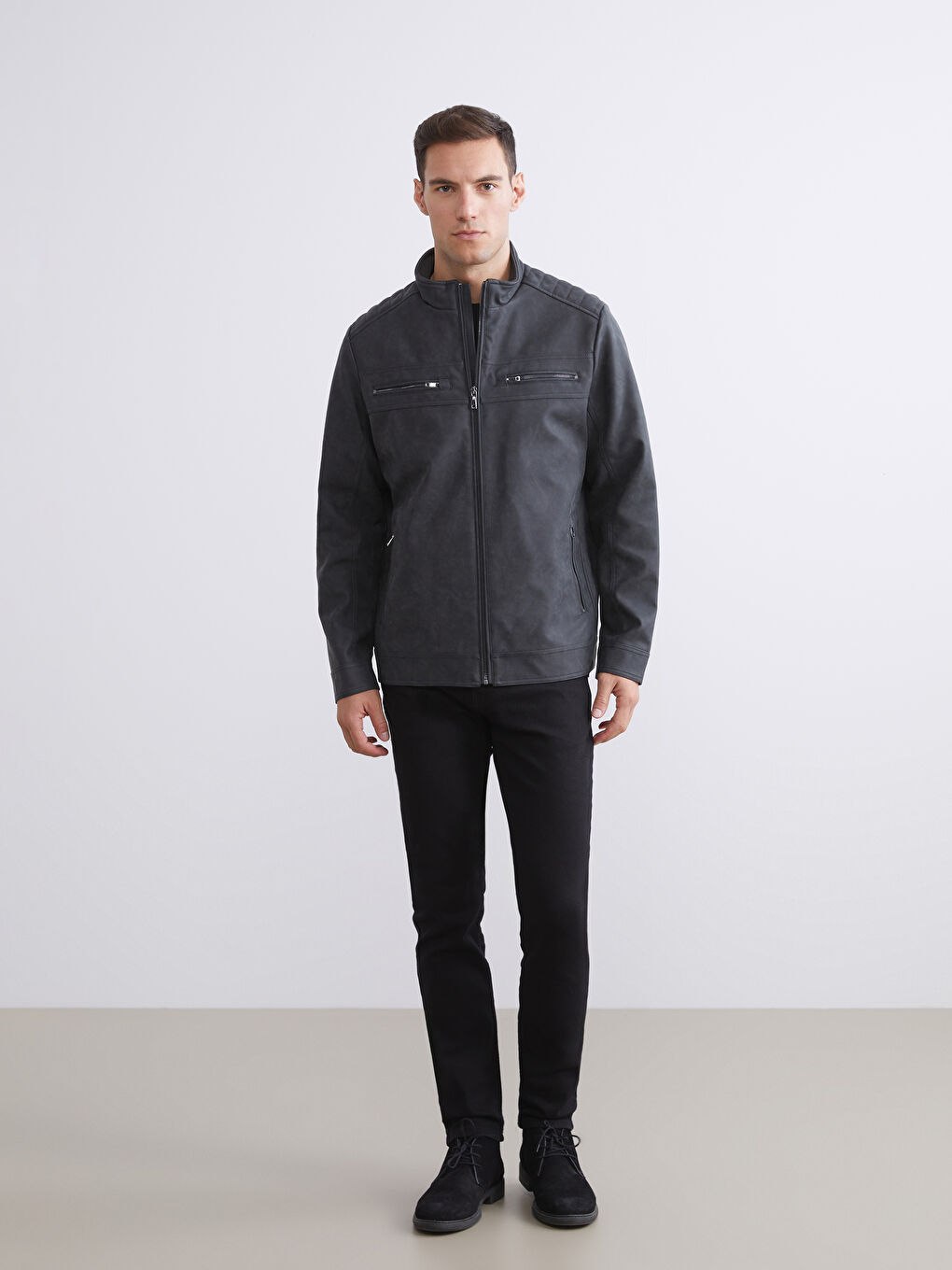 Gri Biker Yaka Deri Görünümlü Erkek Ceket-1