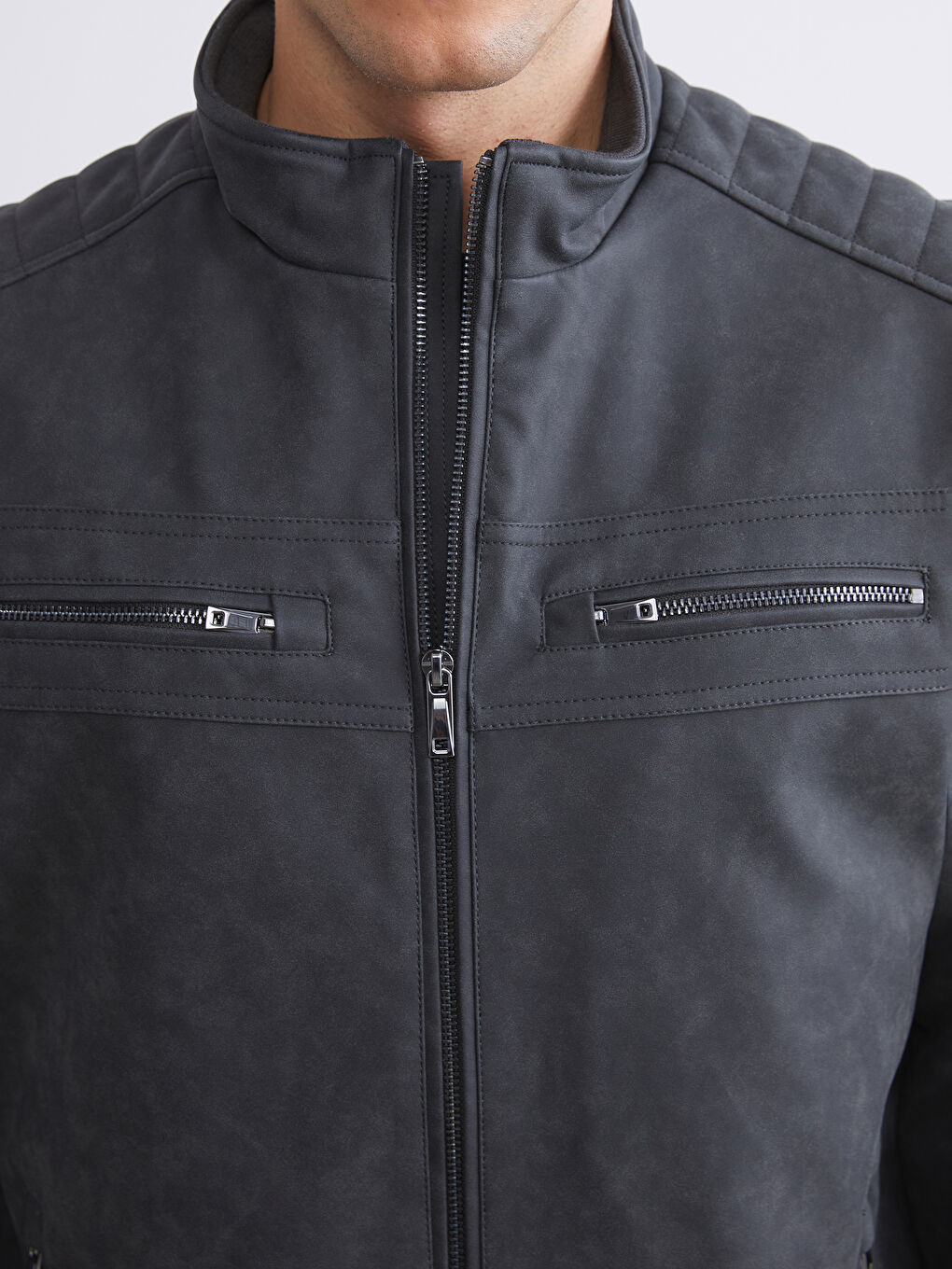 Gri Biker Yaka Deri Görünümlü Erkek Ceket-2
