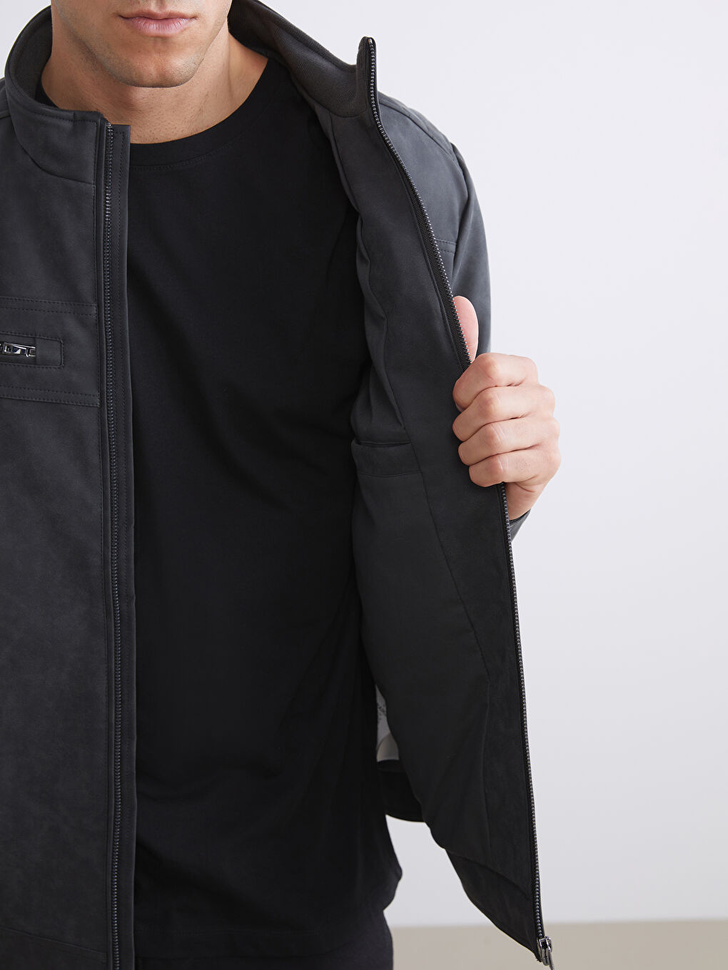 Gri Biker Yaka Deri Görünümlü Erkek Ceket-3