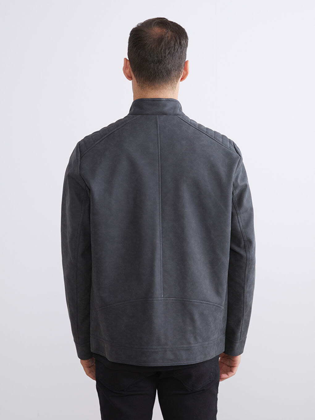 Gri Biker Yaka Deri Görünümlü Erkek Ceket-4