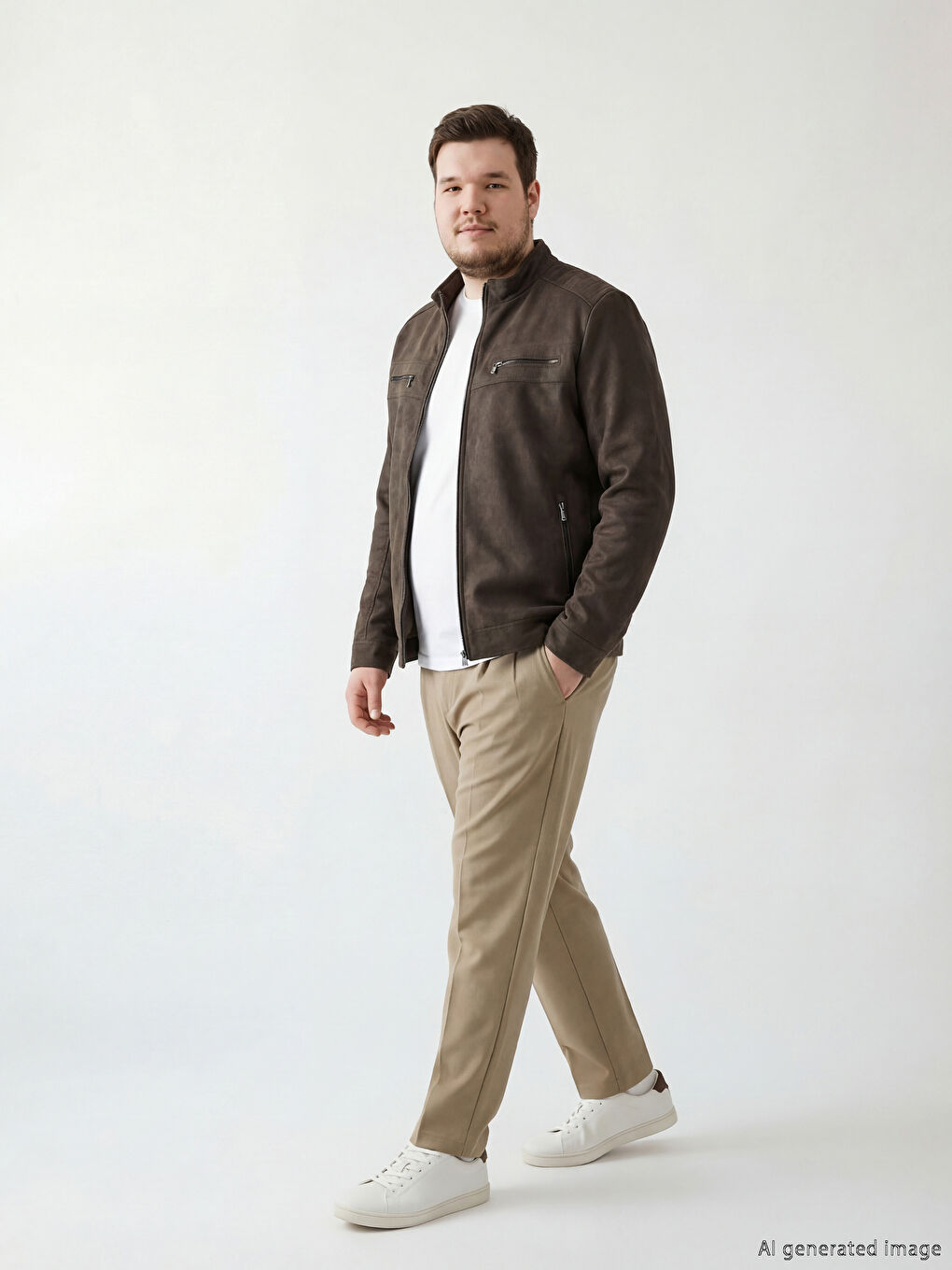 Bej Biker Yaka Deri Görünümlü Erkek Ceket-1