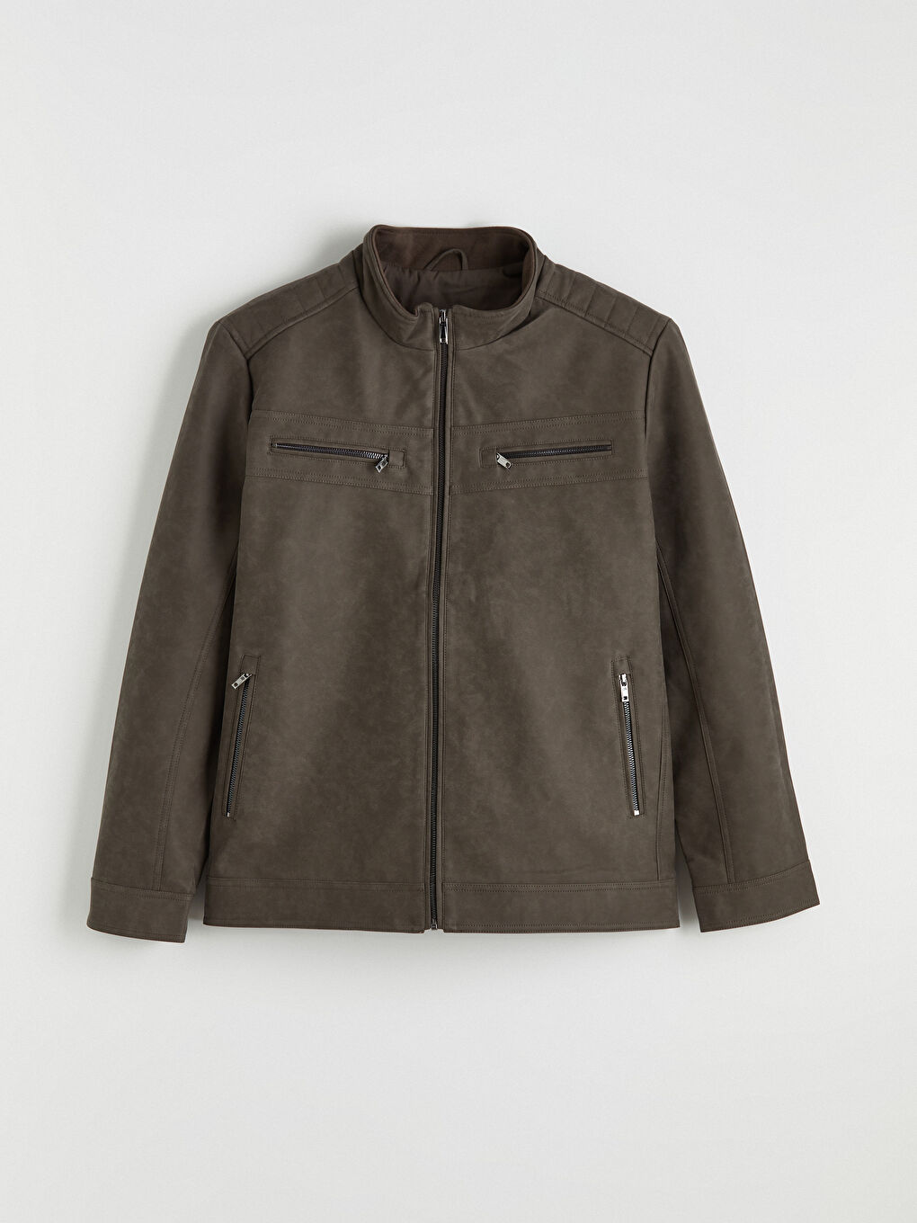 Bej Biker Yaka Deri Görünümlü Erkek Ceket-2