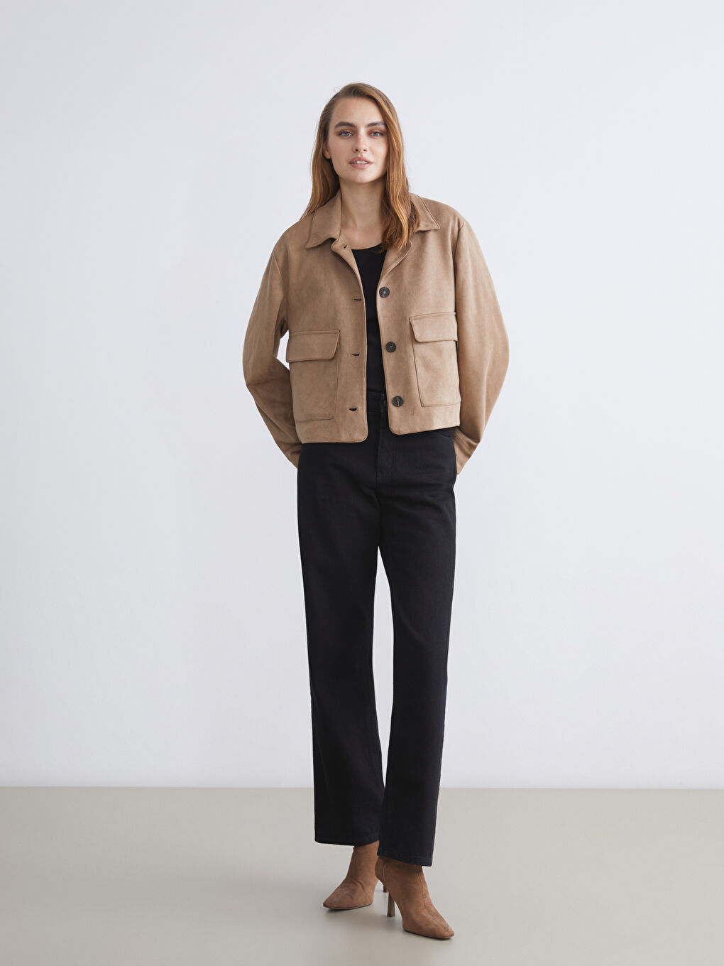 Пиджак из замши с отложным воротником для женщин-1