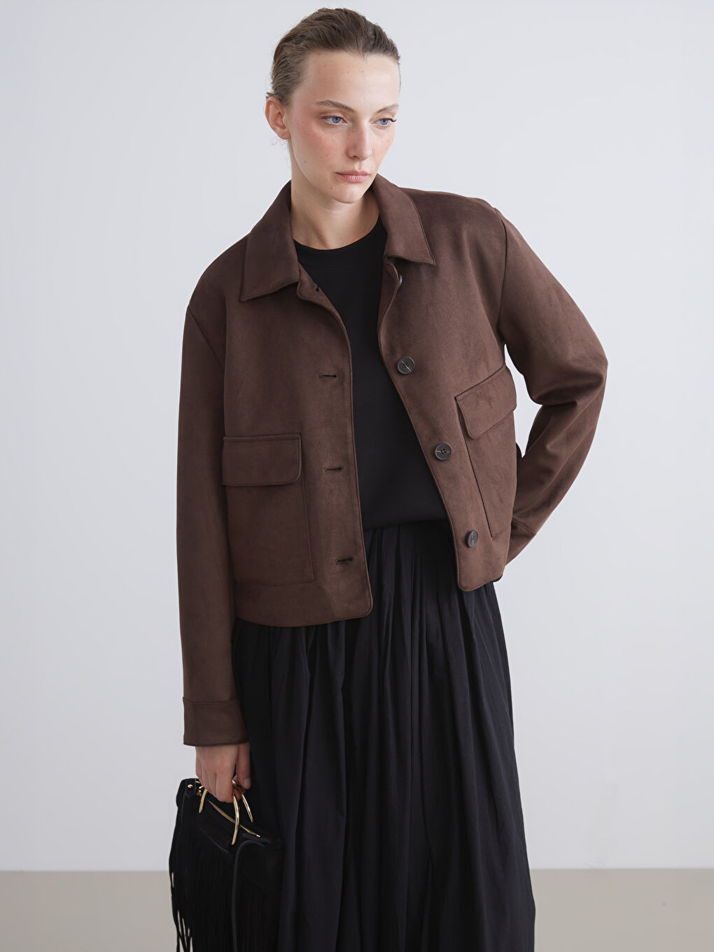 Kahverengi Gömlek Yaka Süet Kadın Ceket