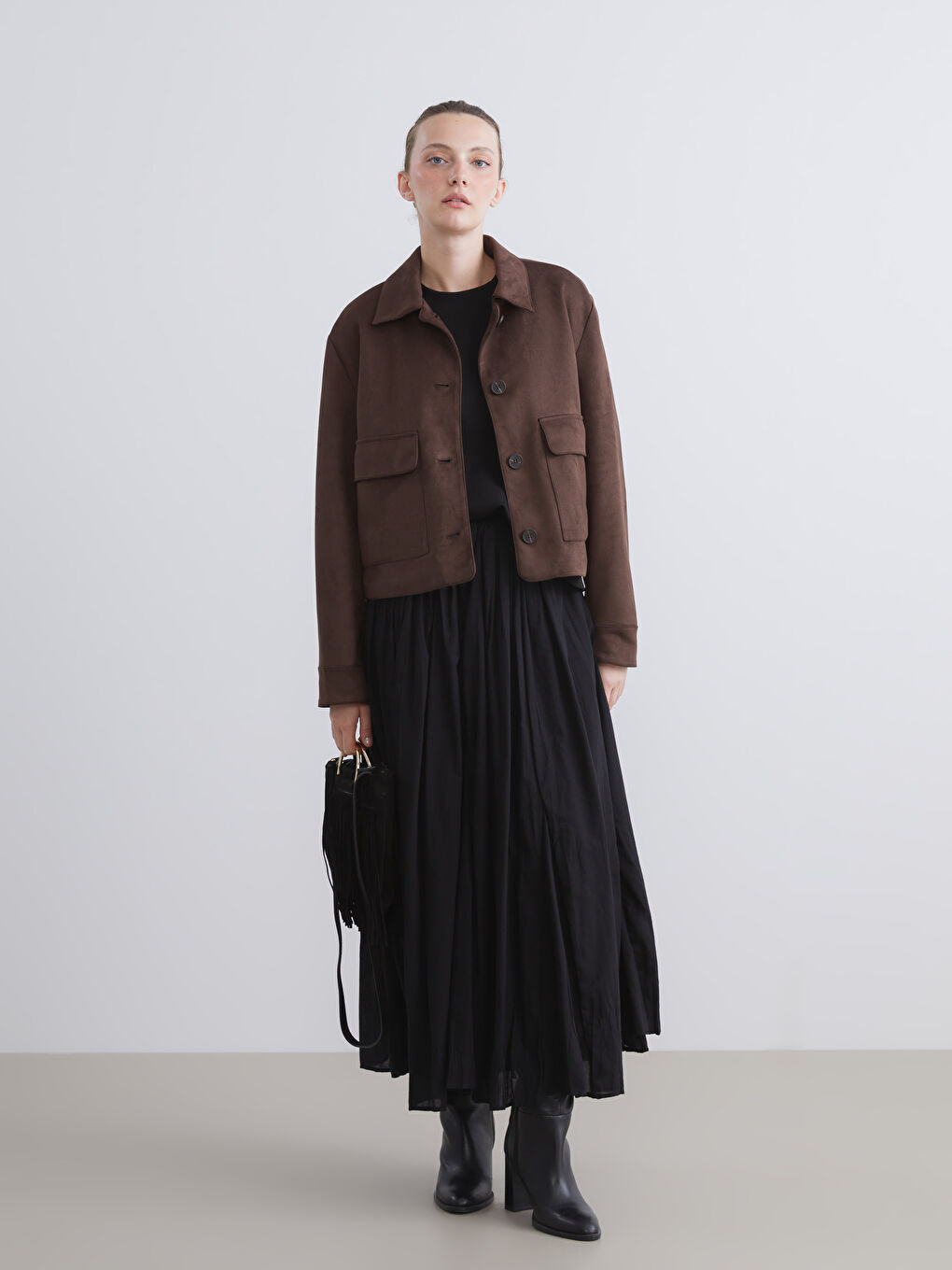 Kahverengi Gömlek Yaka Süet Kadın Ceket-1