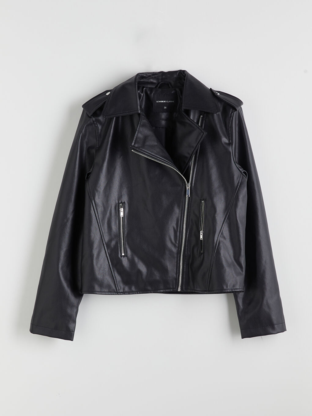 Siyah Biker Yaka Kadın Deri Görünümlü Ceket-7