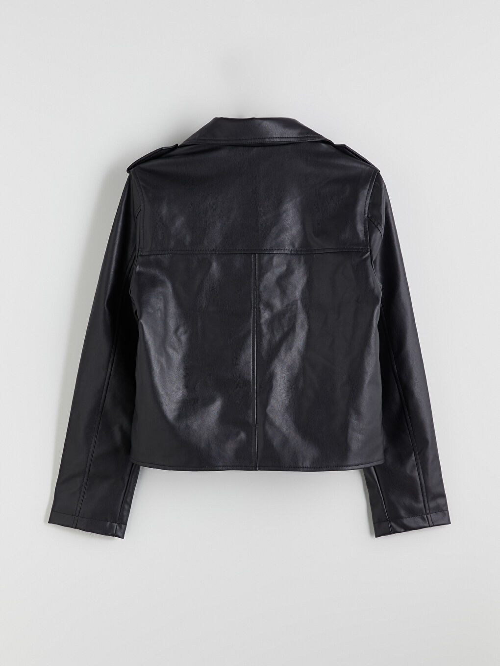 Siyah Biker Yaka Kadın Deri Görünümlü Ceket-9