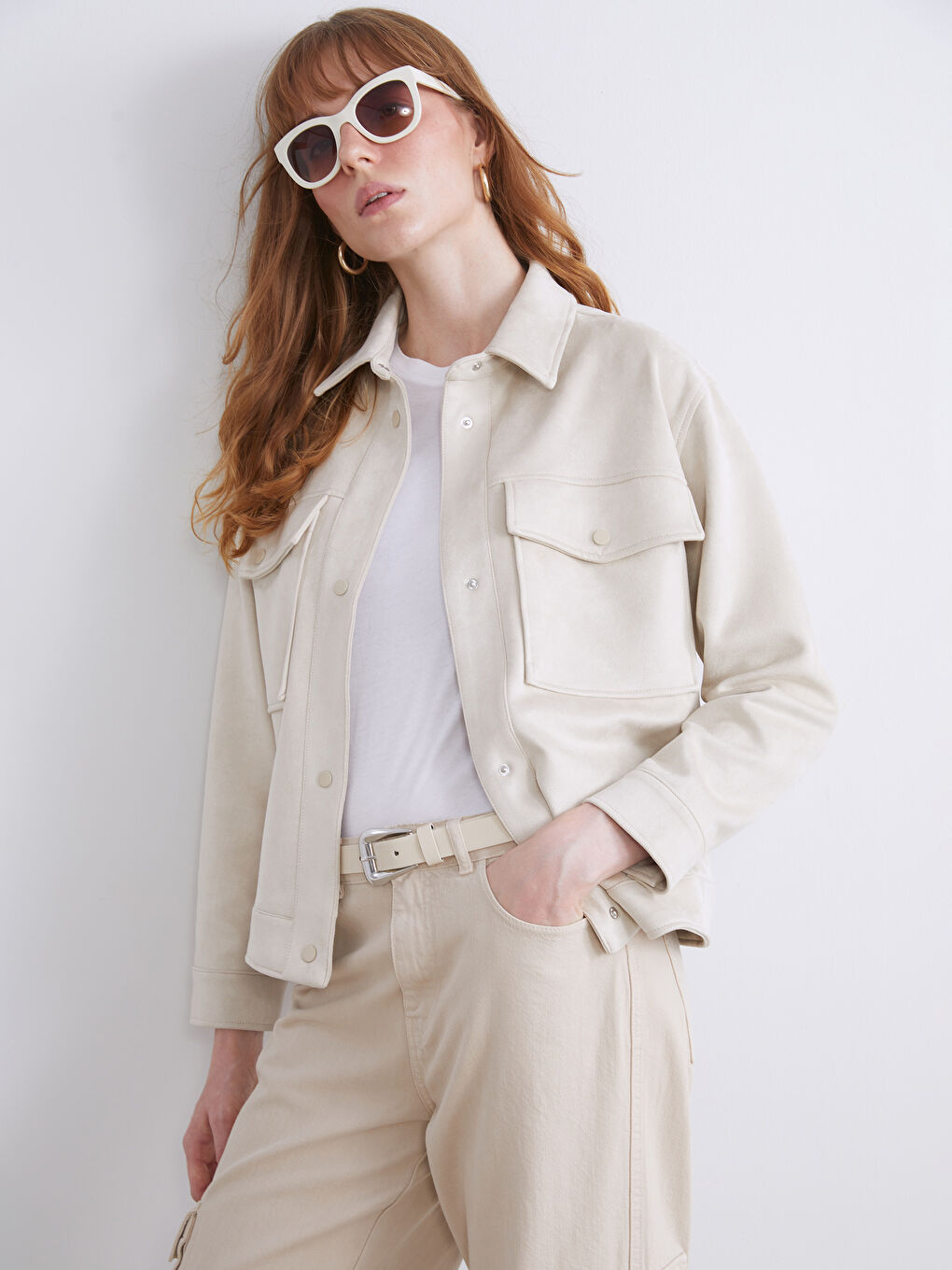 Gri Gömlek Yaka Kadın Süet Görünümlü Ceket-1