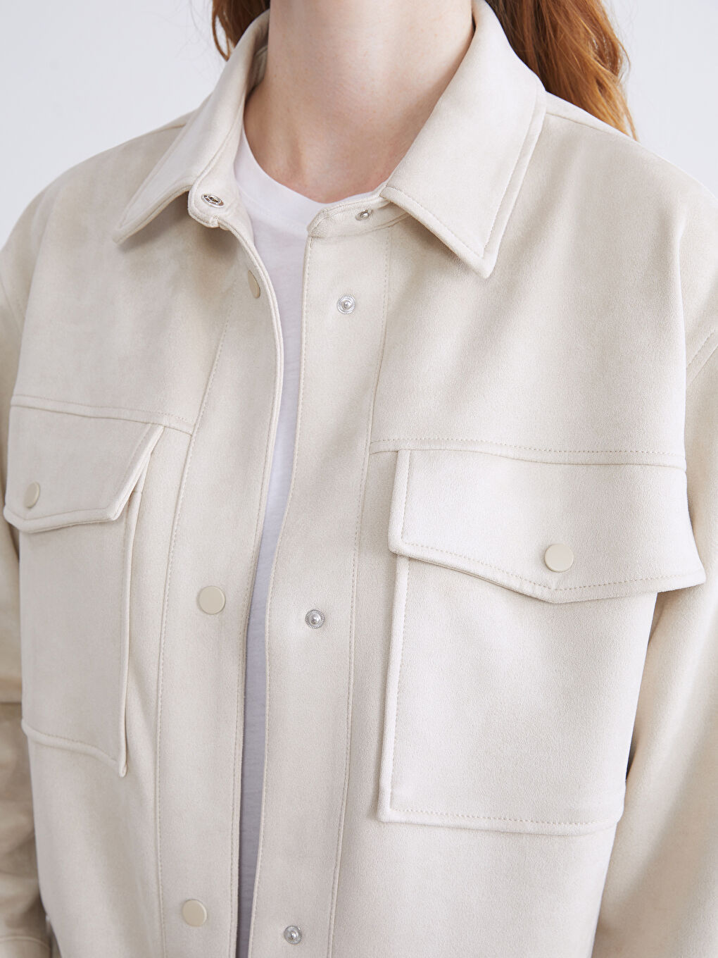 Gri Gömlek Yaka Kadın Süet Görünümlü Ceket-4