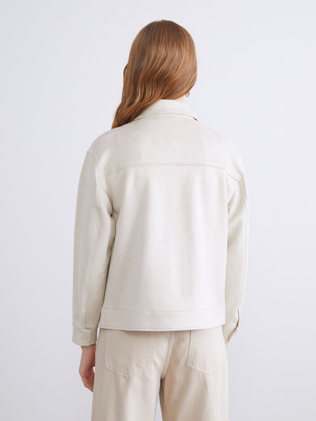 Gri Gömlek Yaka Kadın Süet Görünümlü Ceket-6