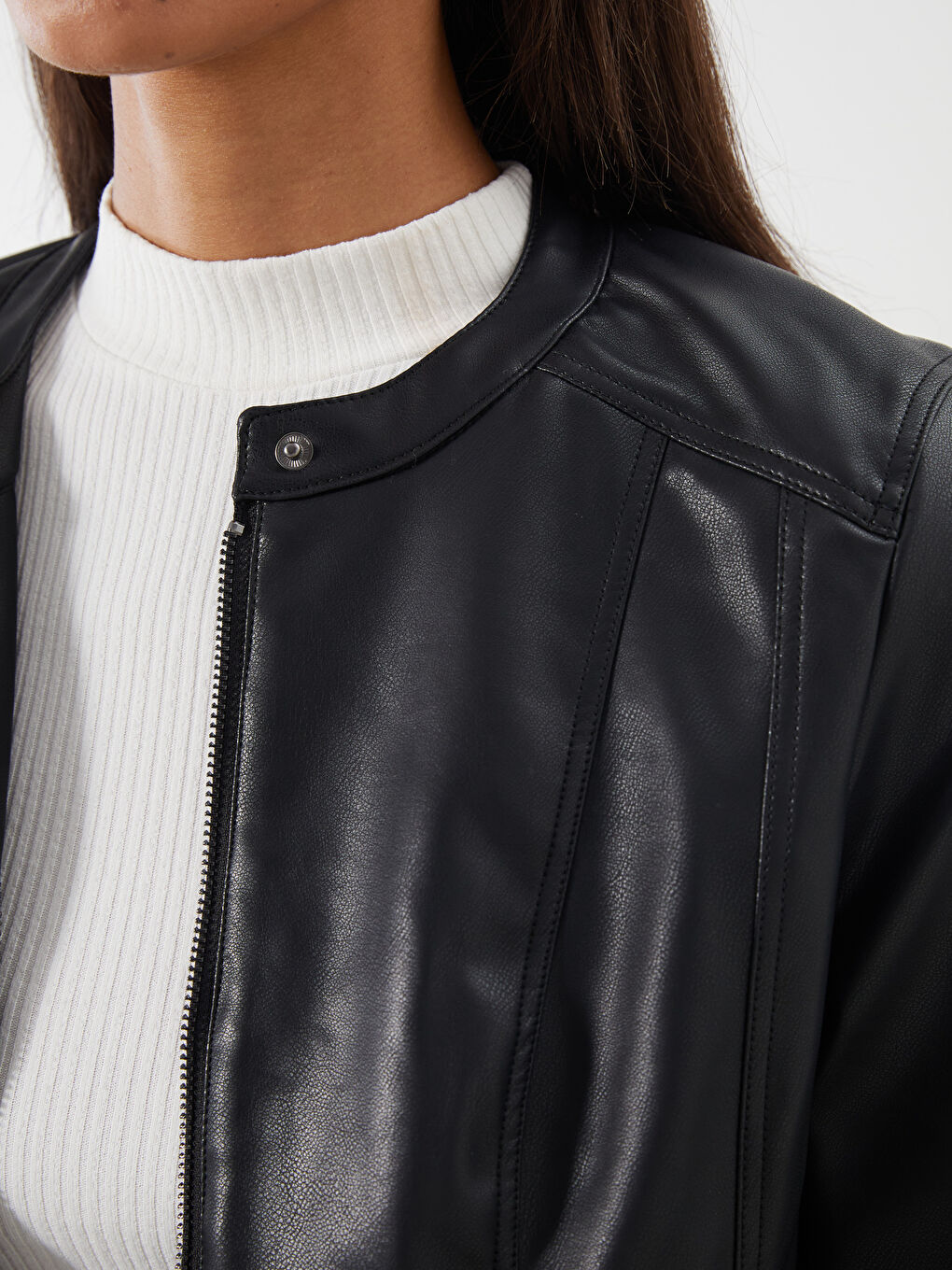 LCWAIKIKI Classic Crew Neck Women's Faux Leather Jacket -W53159Z8-CVL