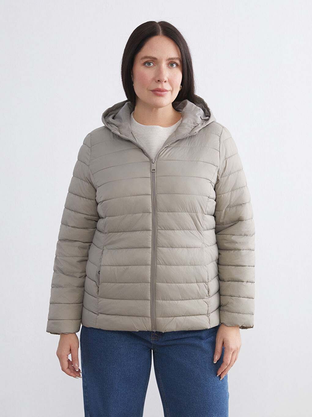 Kahverengi Kadın Kapüşonlu Düz Şişme Mont-2