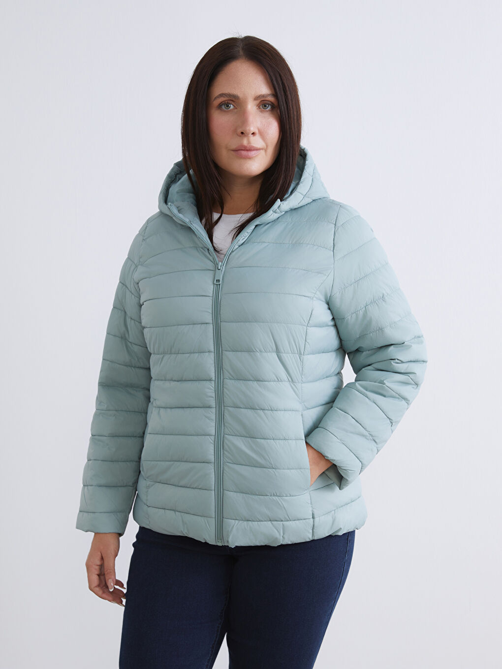 Mavi Kadın Kapüşonlu Düz Şişme Mont-1