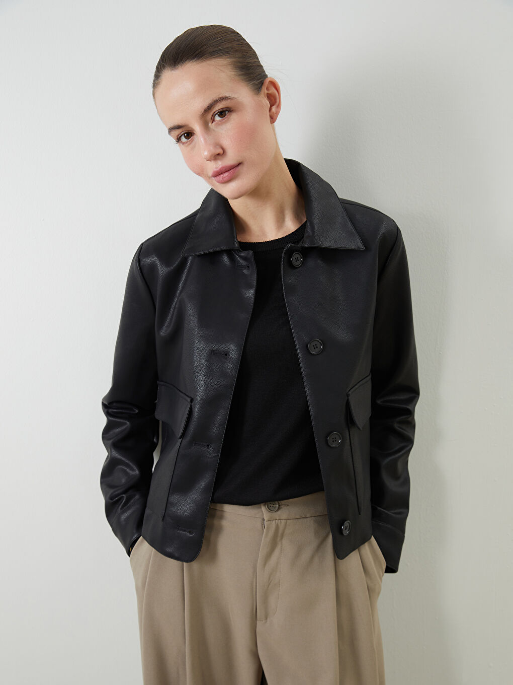 LCWAIKIKI Classic Collared Neck Women's Faux Leather Jacket -W53228Z8-CVL