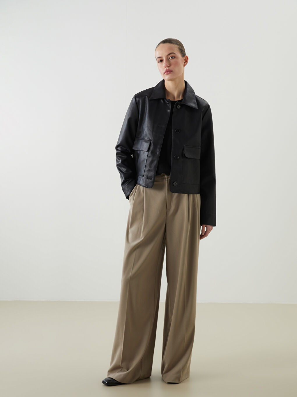 LCWAIKIKI Classic Collared Neck Women's Faux Leather Jacket -W53228Z8-CVL