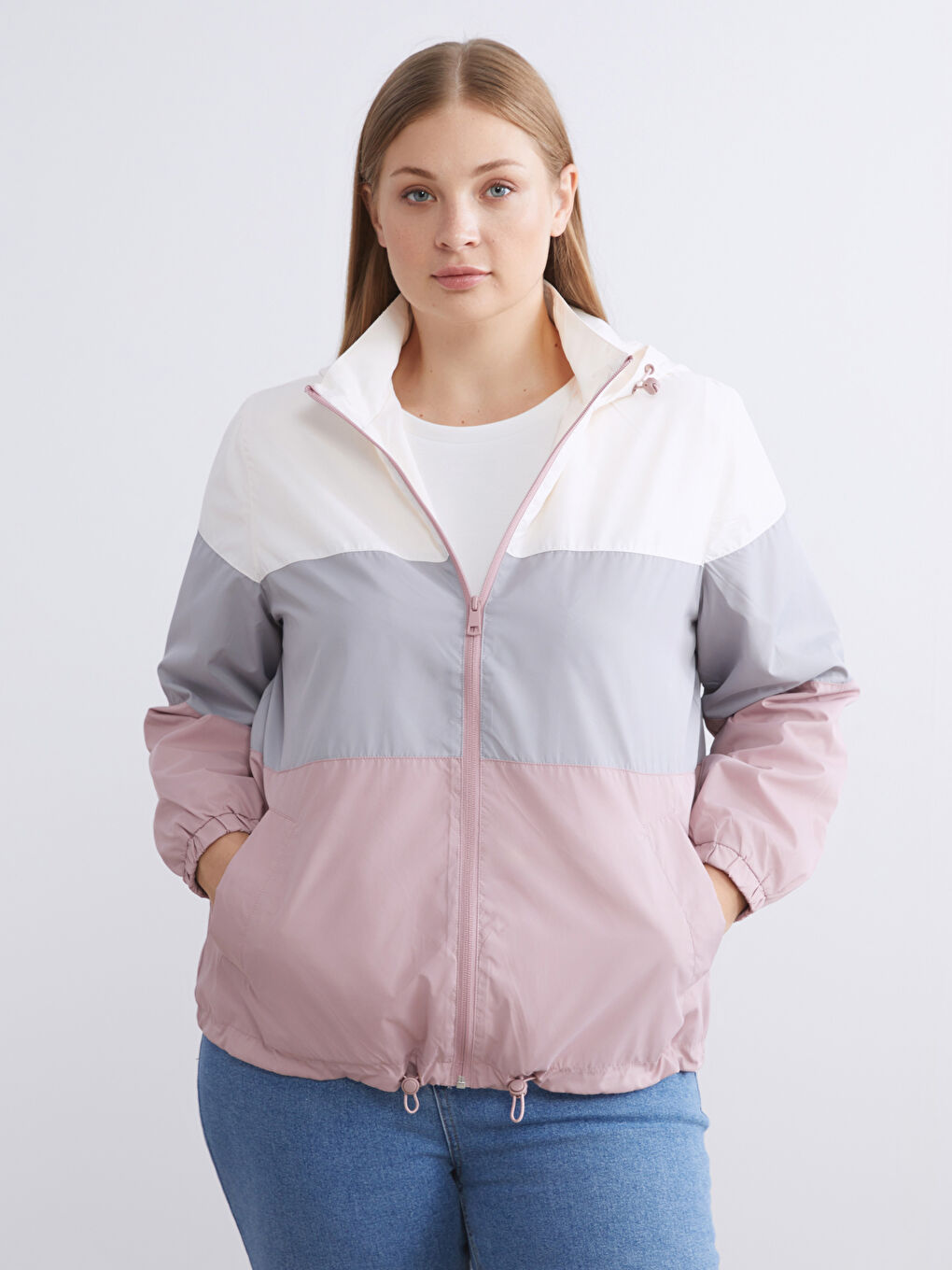 Pembe Kapüşonlu Renk Bloklu Kadın Yağmurluk-1