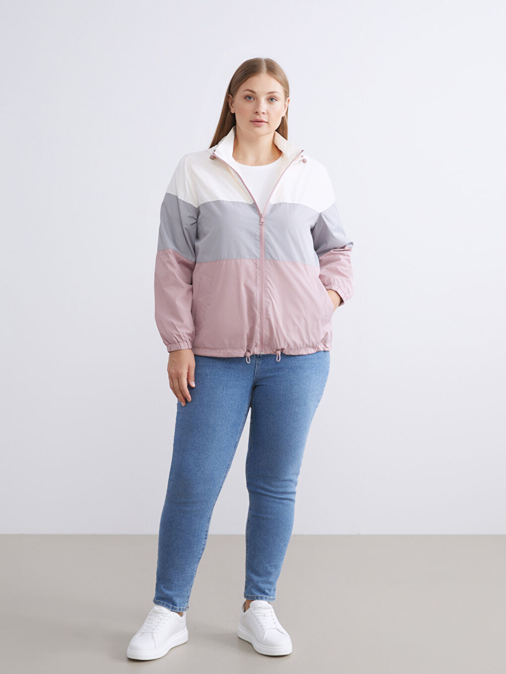 Pembe Kapüşonlu Renk Bloklu Kadın Yağmurluk-6