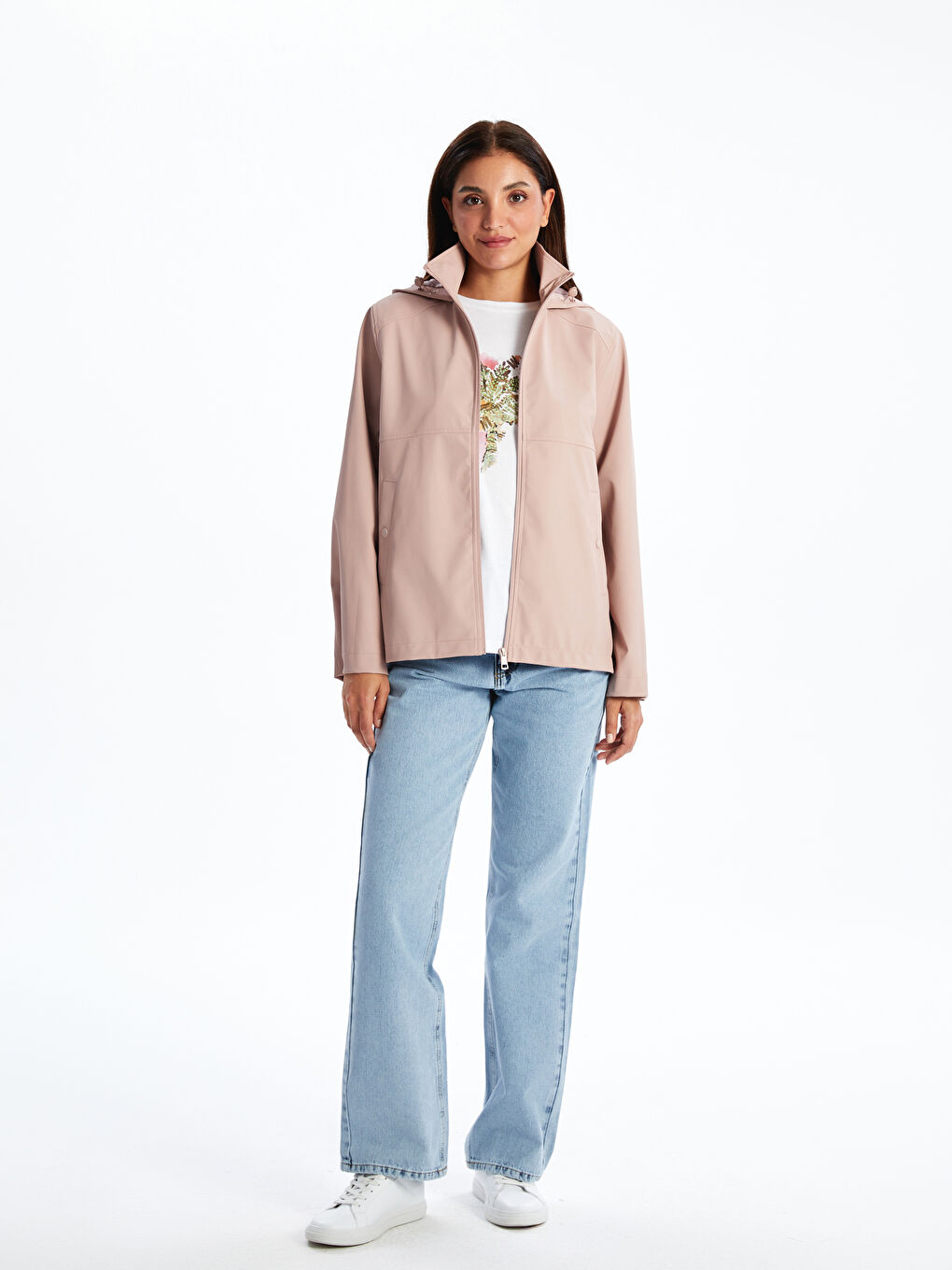 Pembe Kapüşonlu Deri Görünümlü Kadın Yağmurluk-1