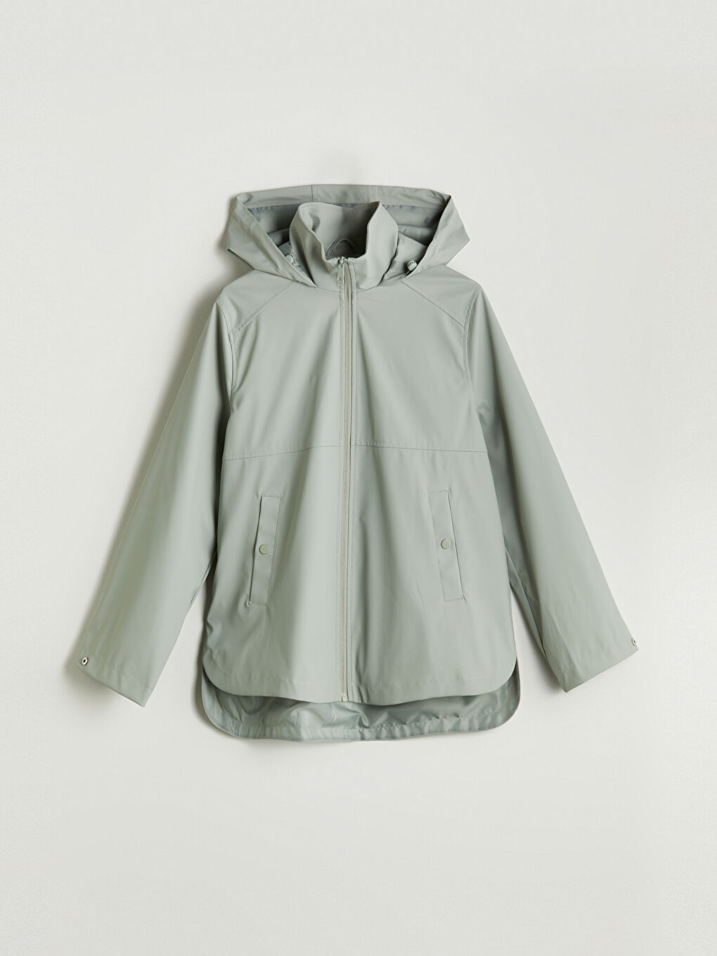 Haki Kapüşonlu Deri Görünümlü Kadın Yağmurluk-5