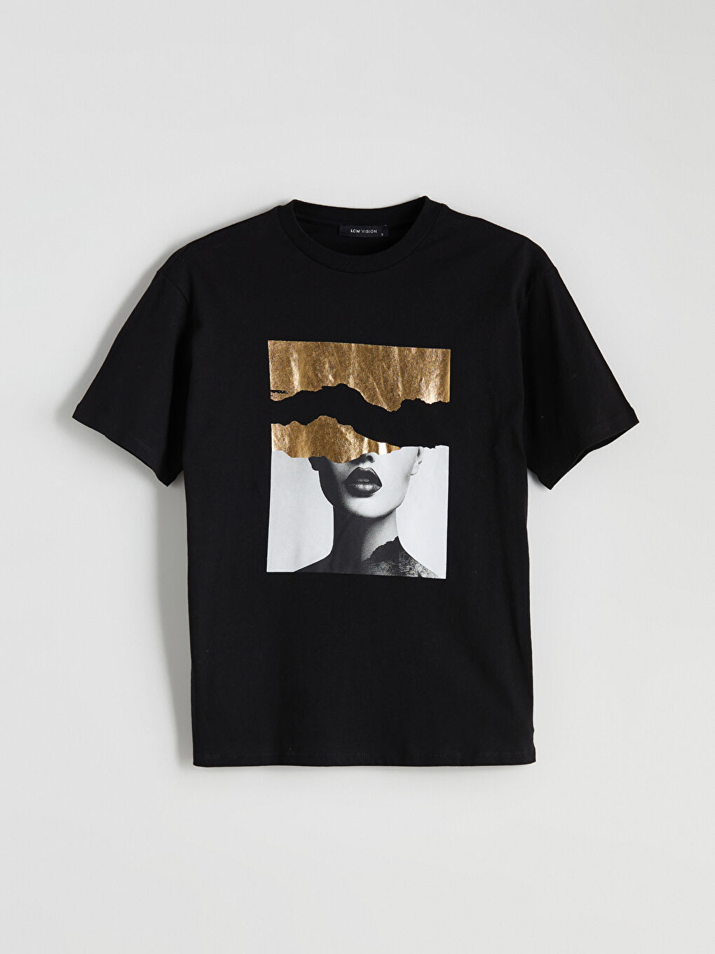 Siyah Bisiklet Yaka Baskılı Oversize Kadın Tişört-4