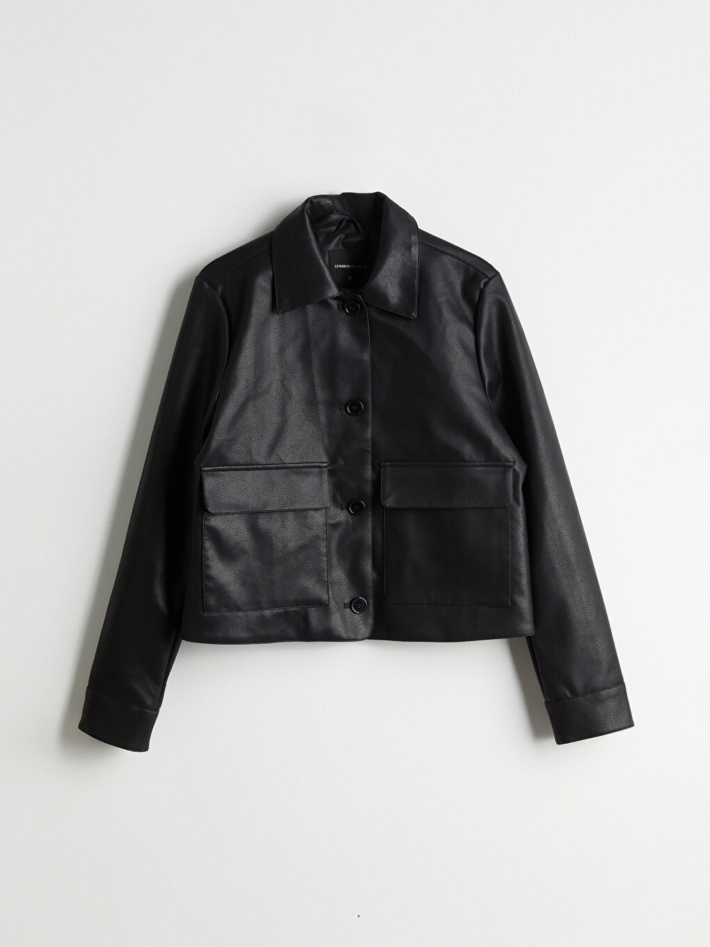 Siyah Gömlek Yaka Kadın Deri Görünümlü Ceket-3