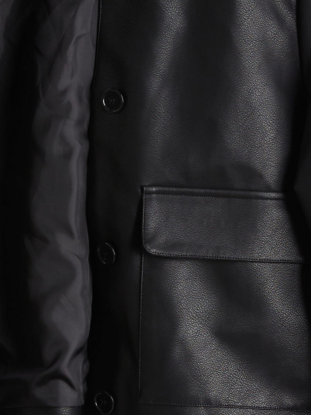 Siyah Gömlek Yaka Kadın Deri Görünümlü Ceket-4