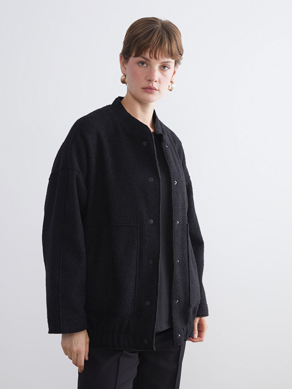 Siyah Kolej Yaka Oversize Kadın Bomber Mont