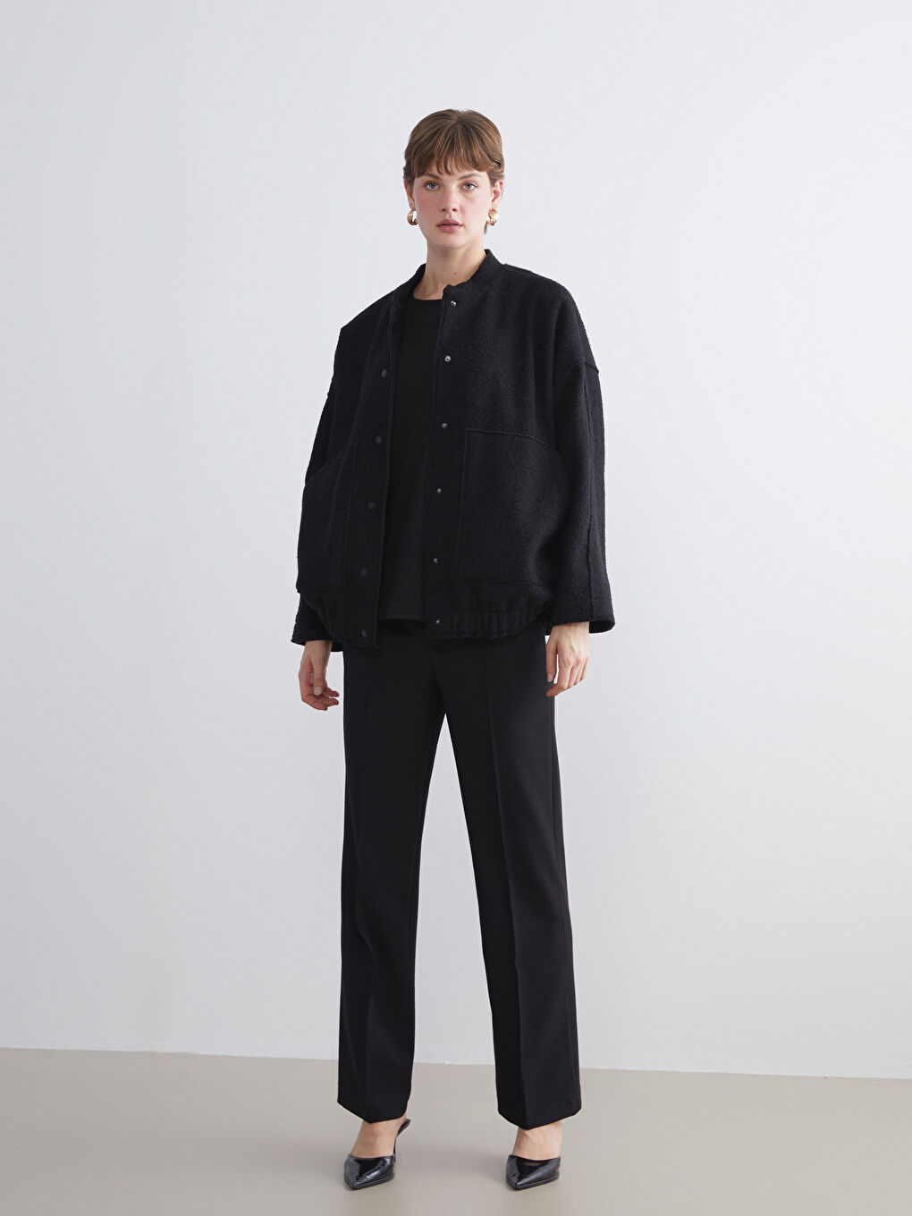 Siyah Kolej Yaka Oversize Kadın Bomber Mont-1