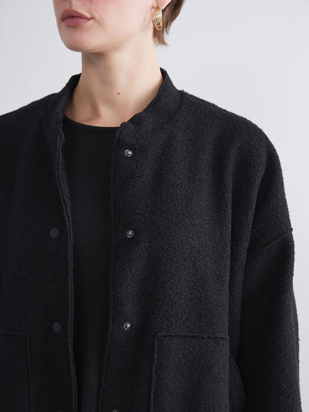 Siyah Kolej Yaka Oversize Kadın Bomber Mont-2