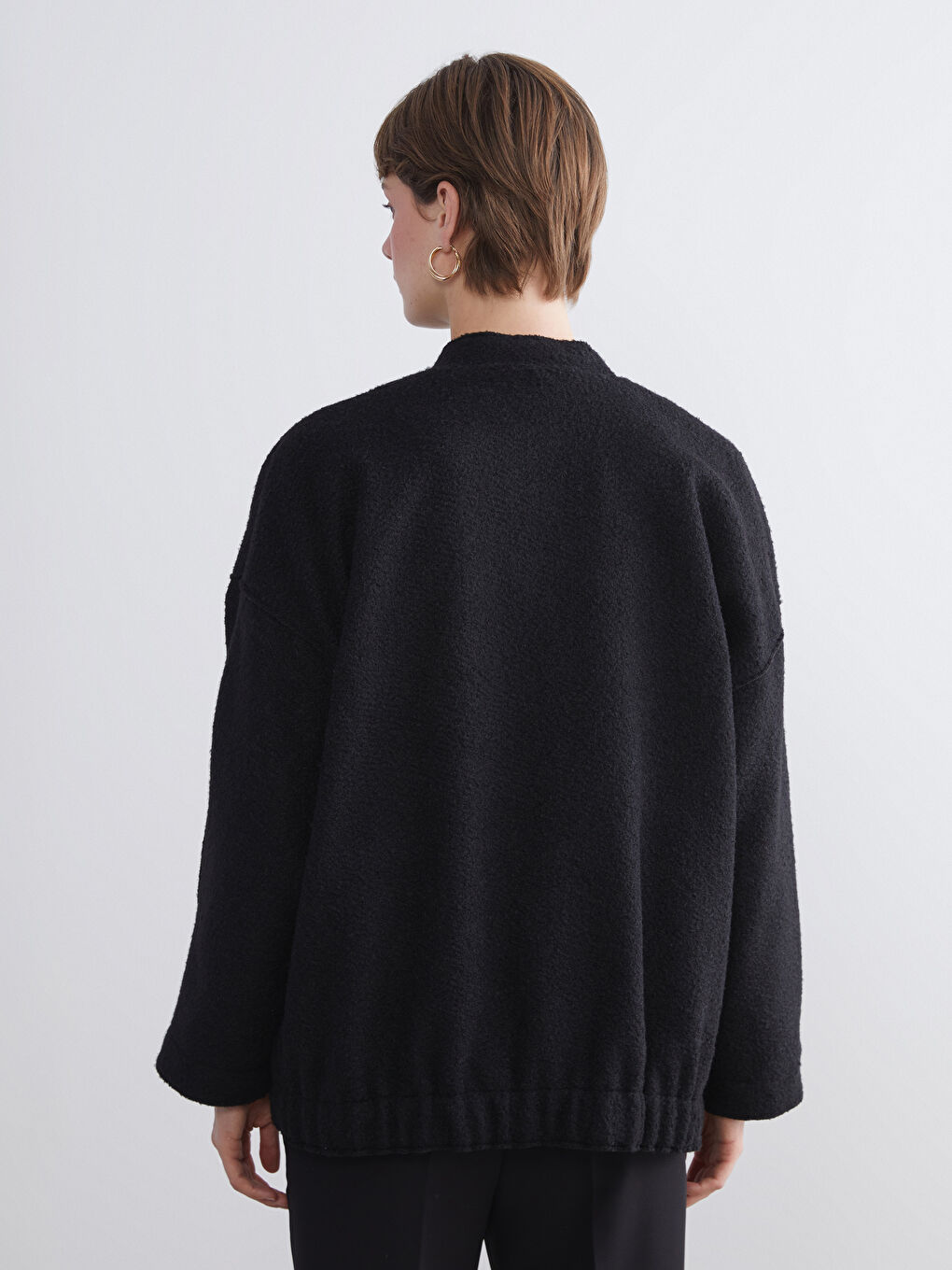 Siyah Kolej Yaka Oversize Kadın Bomber Mont-5