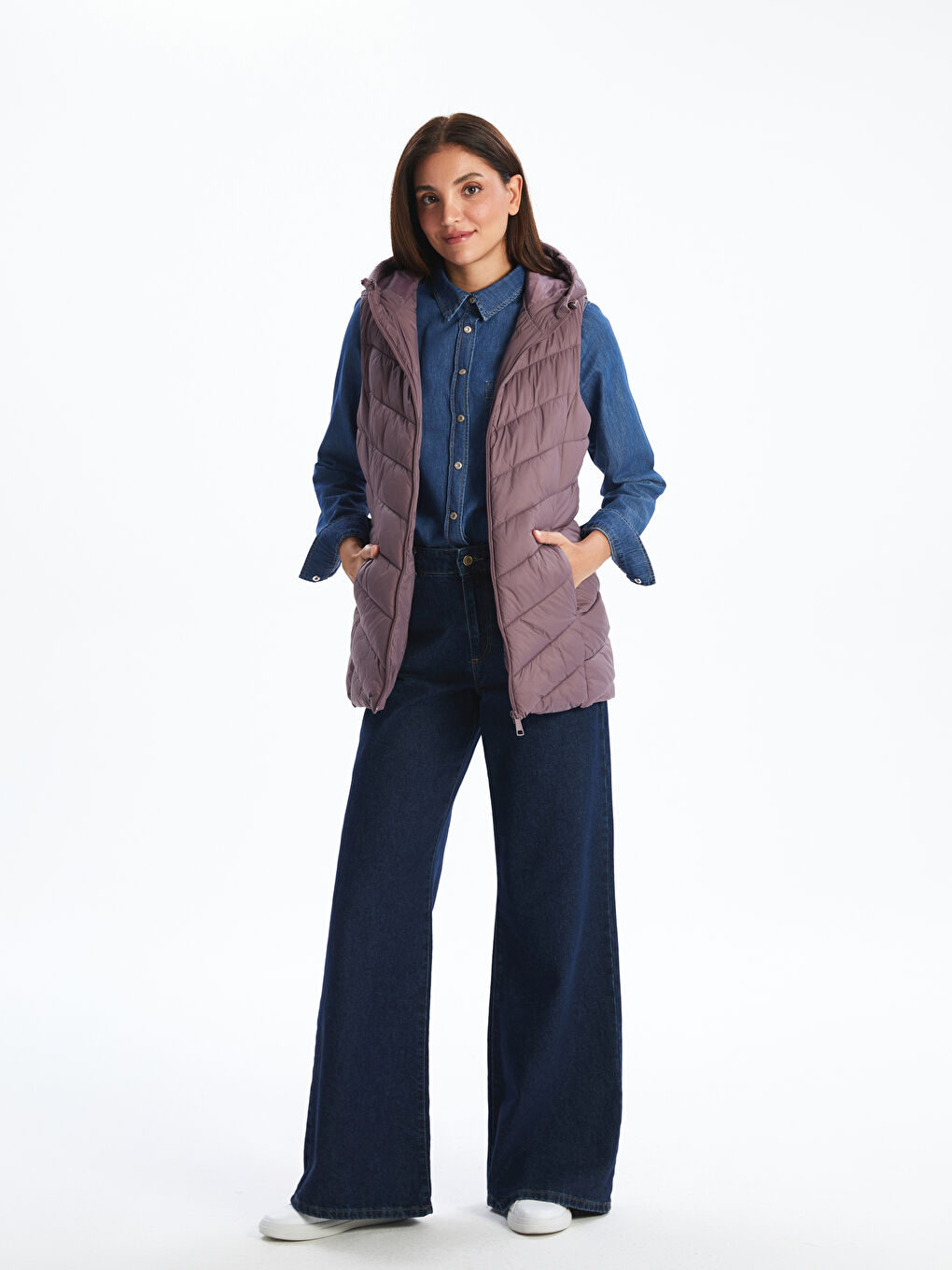 Mürdüm Kapüşonlu Kadın Şişme Yelek-2