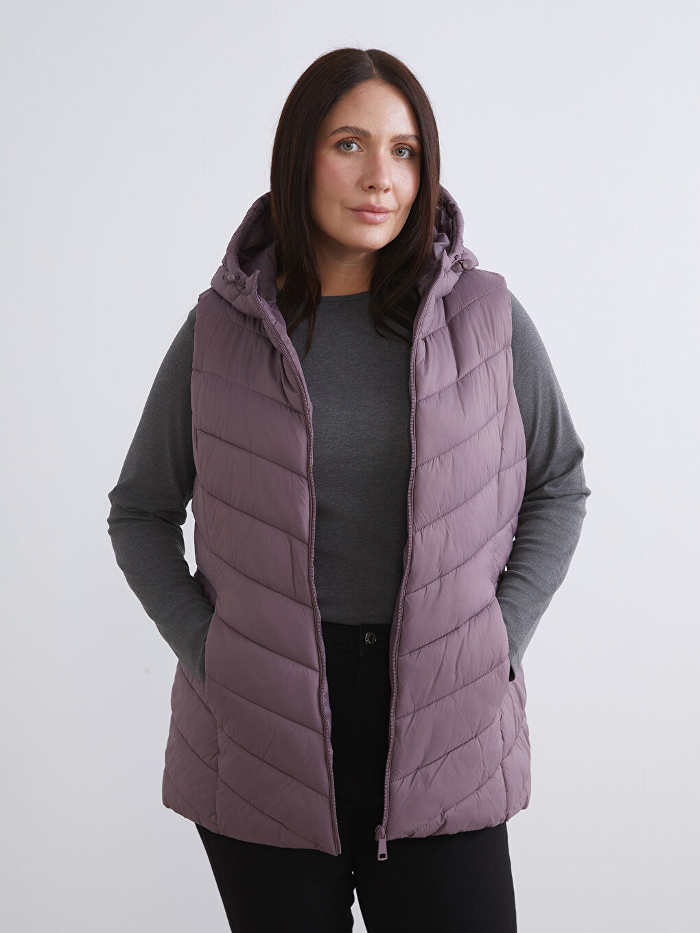 Mürdüm Kapüşonlu Kadın Şişme Yelek-1