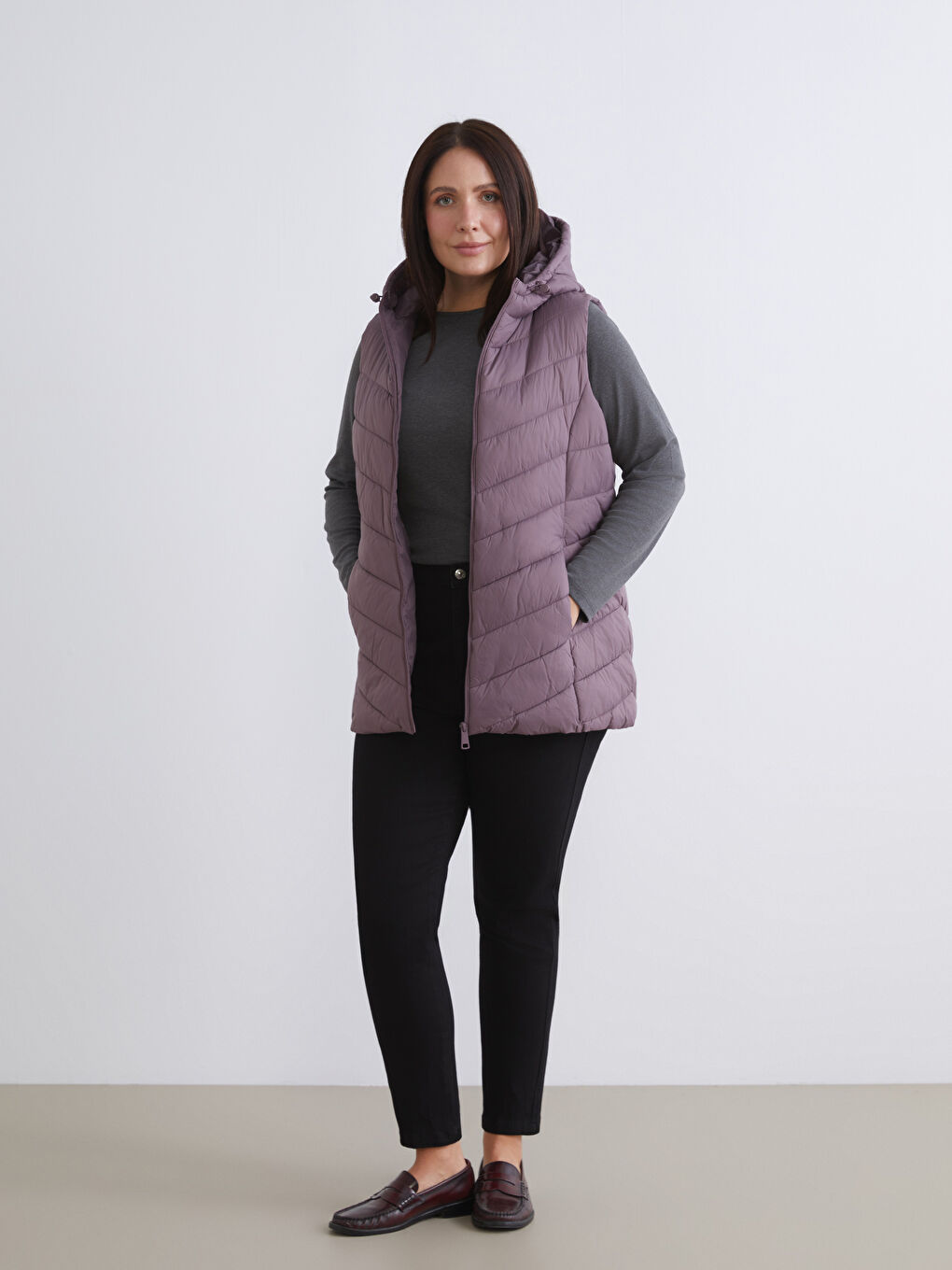 Mürdüm Kapüşonlu Kadın Şişme Yelek-5