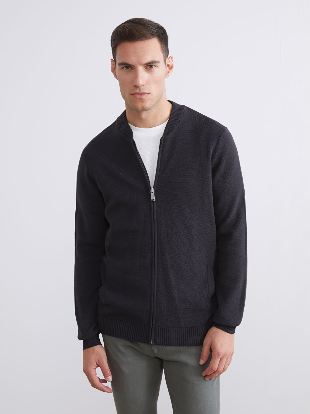 Antrasit Bomber Yaka Düz Erkek Triko Hırka