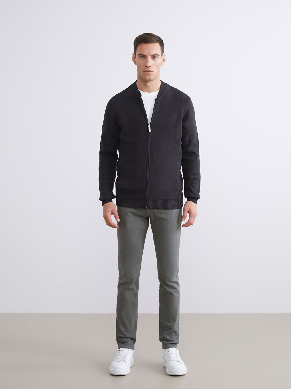 Antrasit Bomber Yaka Düz Erkek Triko Hırka-1