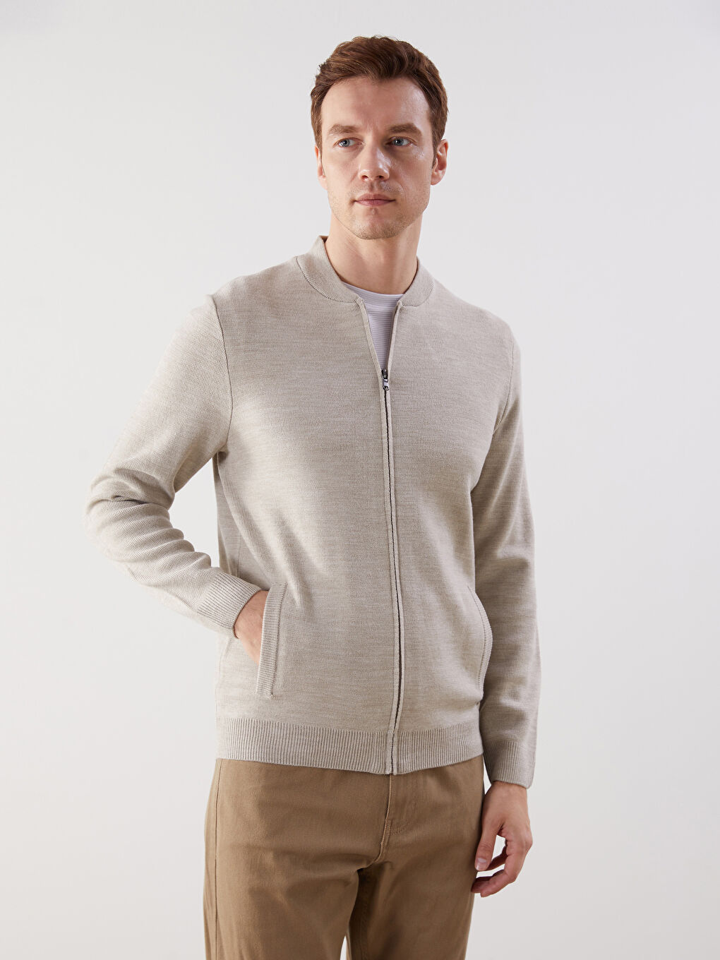 Funnel Neck Plain Men's Knitwear Cardigan