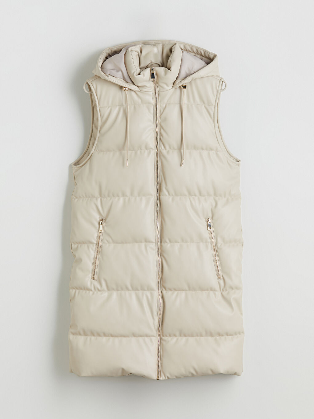 Bej Kapüşonlu Düz Deri Görünümlü Kadın Şişme Yelek-7