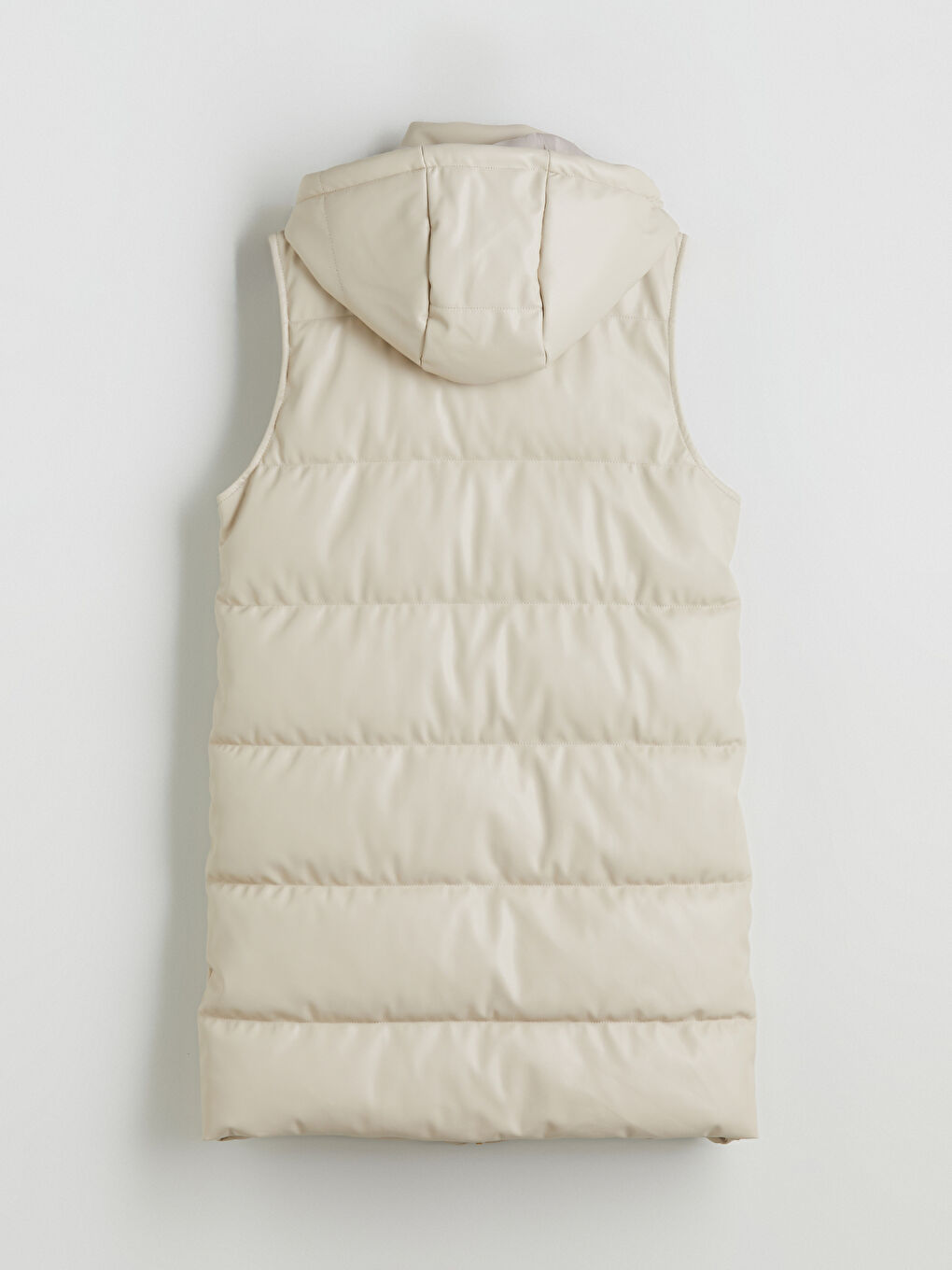 Bej Kapüşonlu Düz Deri Görünümlü Kadın Şişme Yelek-8