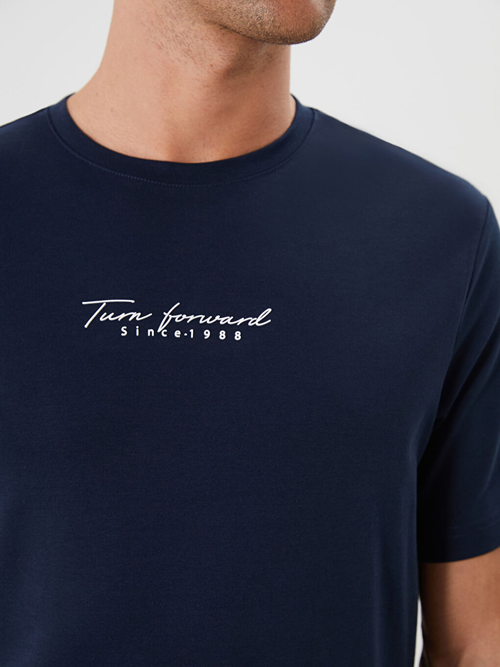 Lacivert Bisiklet Yaka Baskılı Erkek Tişört-2
