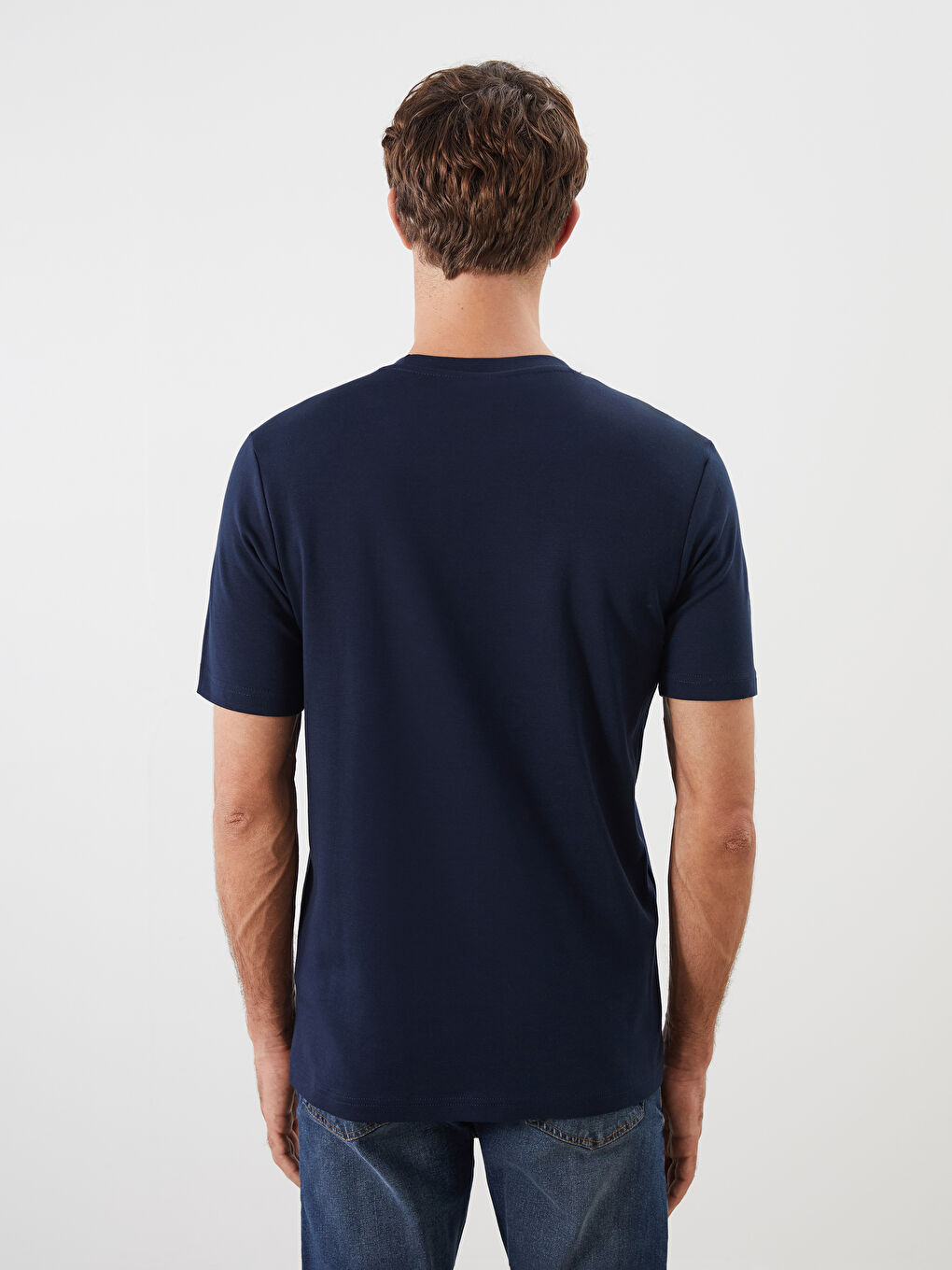 Lacivert Bisiklet Yaka Baskılı Erkek Tişört-3