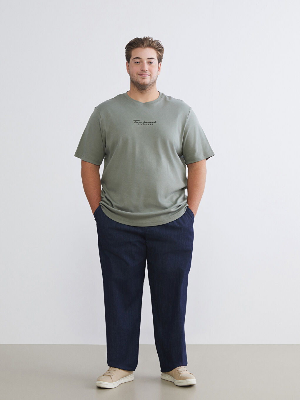 Haki Bisiklet Yaka Baskılı Erkek Tişört-5