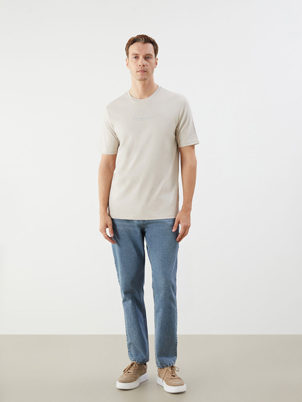 Bej Bisiklet Yaka Baskılı Erkek Tişört-1