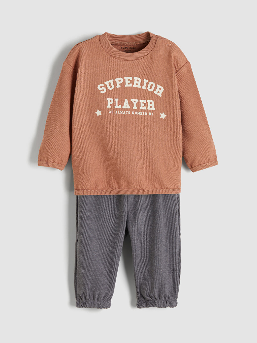 Kahverengi Bisiklet Yaka Uzun Kollu Baskılı Erkek Bebek Tişört ve Eşofman Alt 2'li Takım