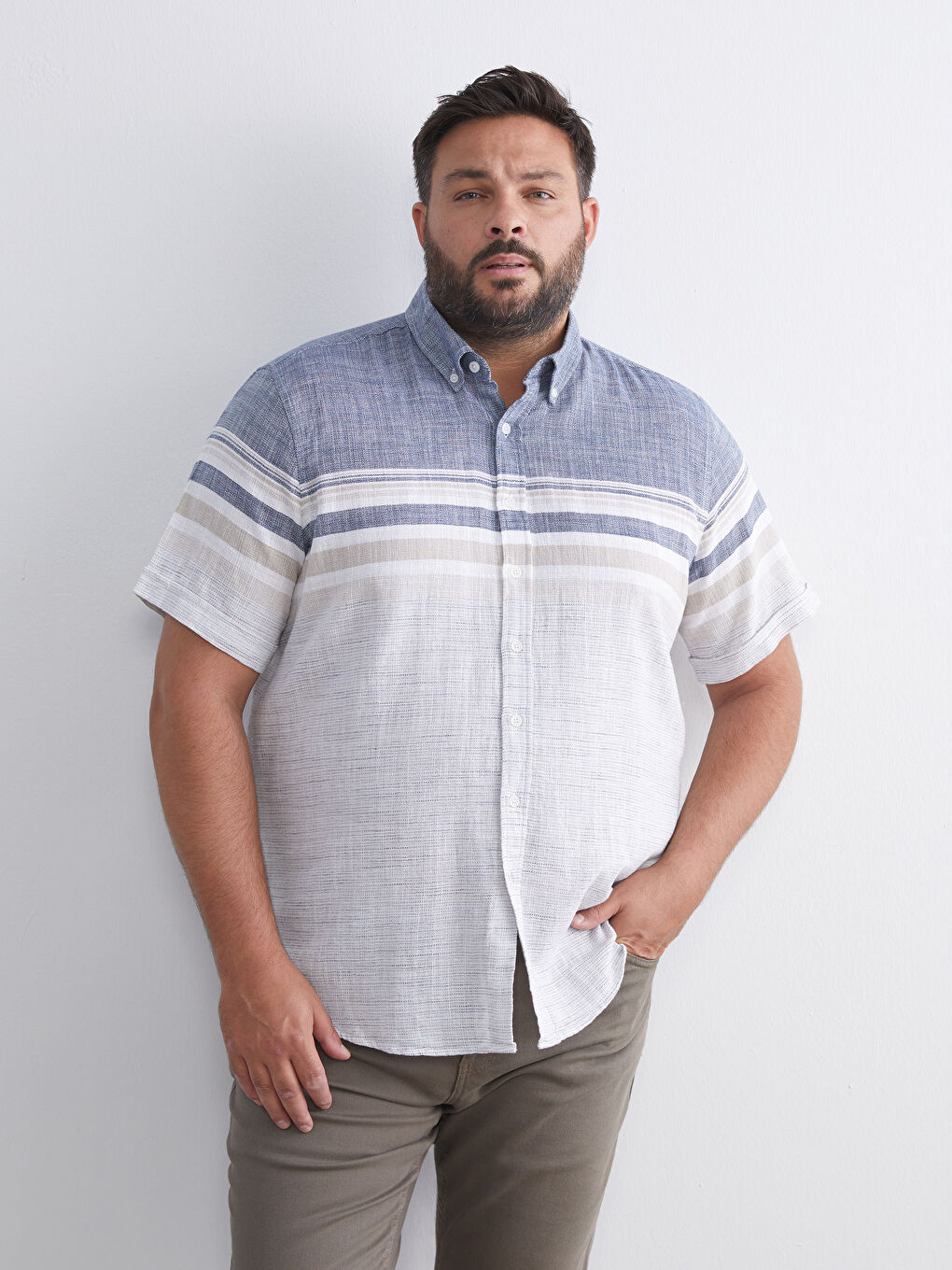 Regular Fit Short Sleeve Striped Dobby Fabric Men's Shirt-1