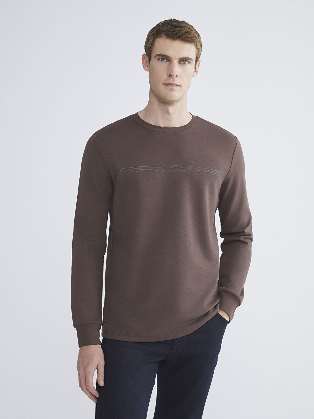 Kahverengi Bisiklet Yaka Baskılı Erkek Sweatshirt