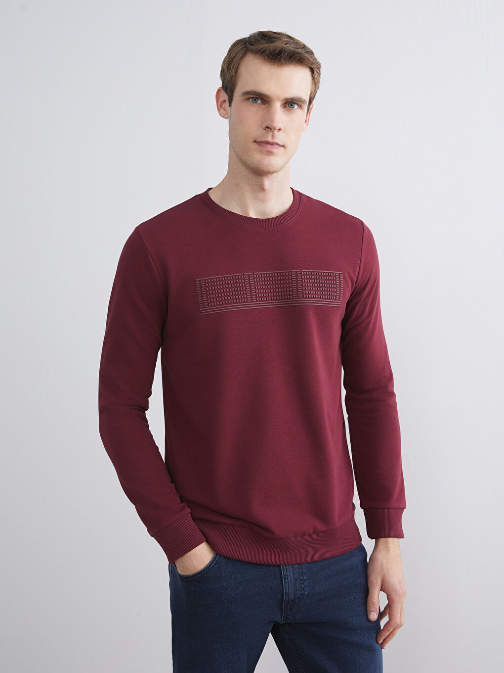 Bordo Bisiklet Yaka Uzun Kollu Baskılı Erkek Sweatshirt