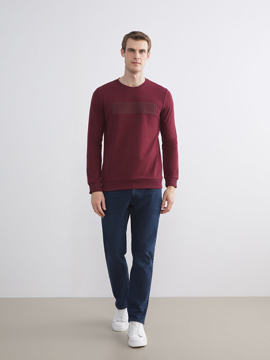 Bordo Bisiklet Yaka Uzun Kollu Baskılı Erkek Sweatshirt-1